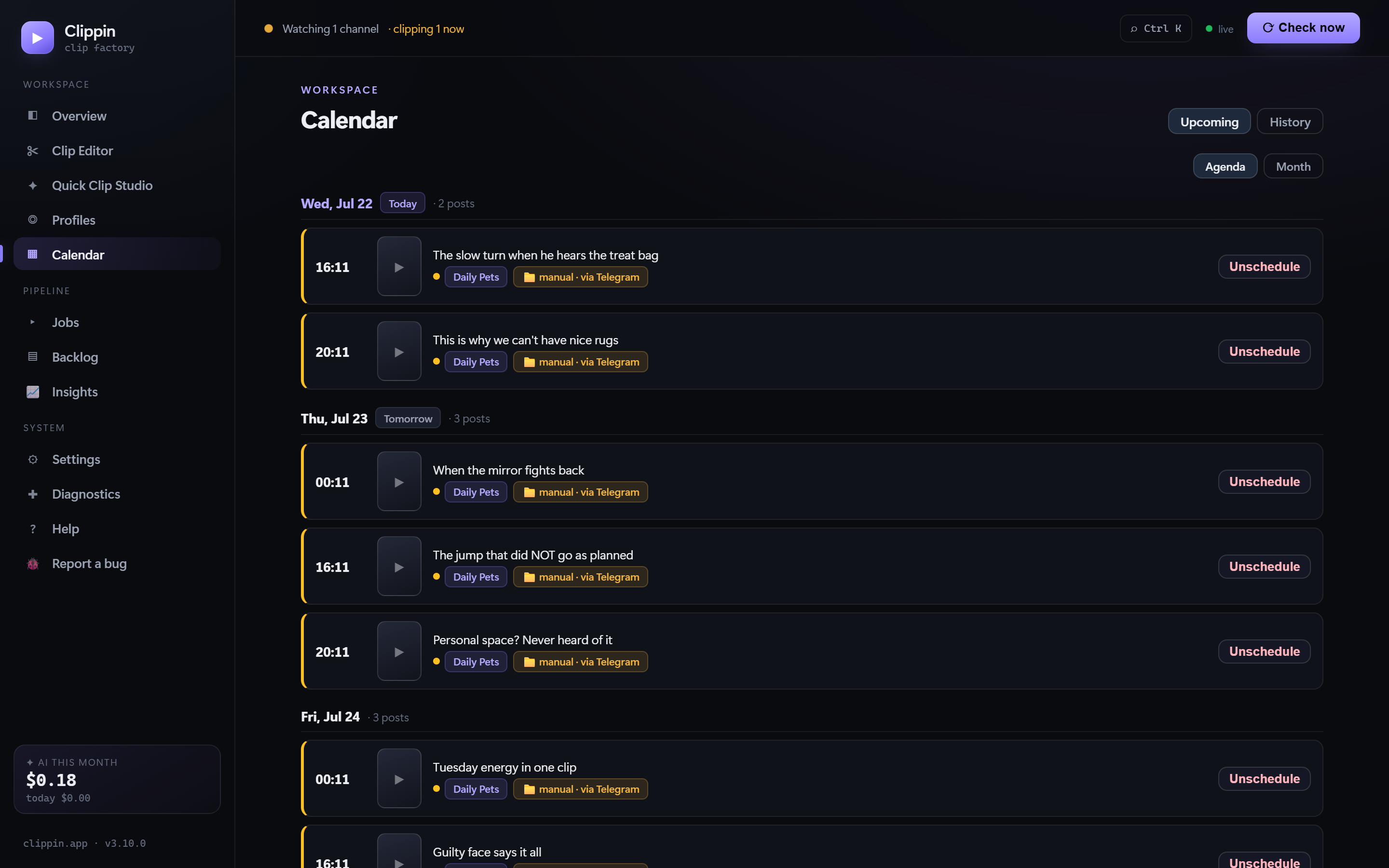 Clippin calendar with scheduled vertical clips