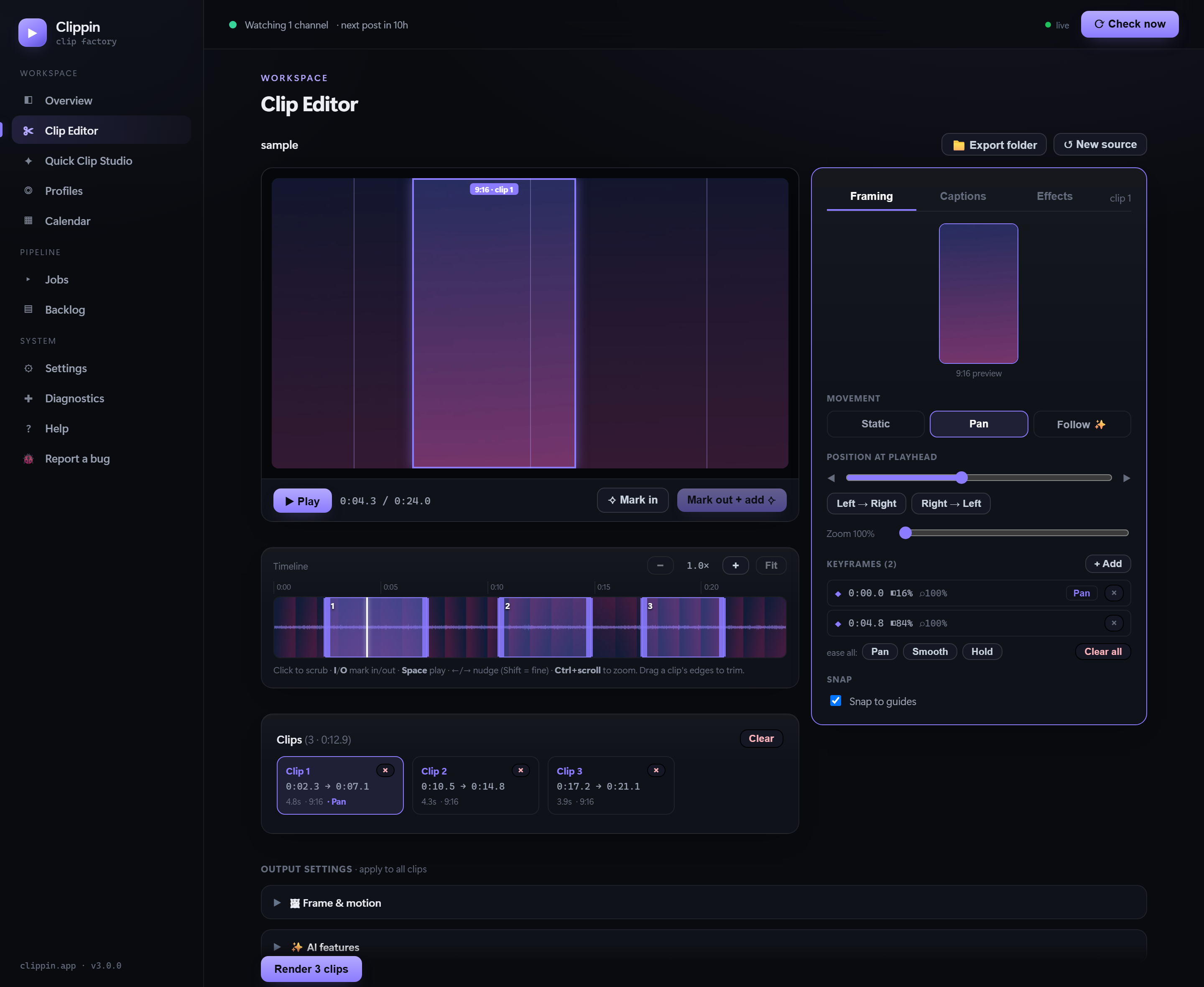Clippin Clip Editor with a timeline, framing keyframes, and a live preview