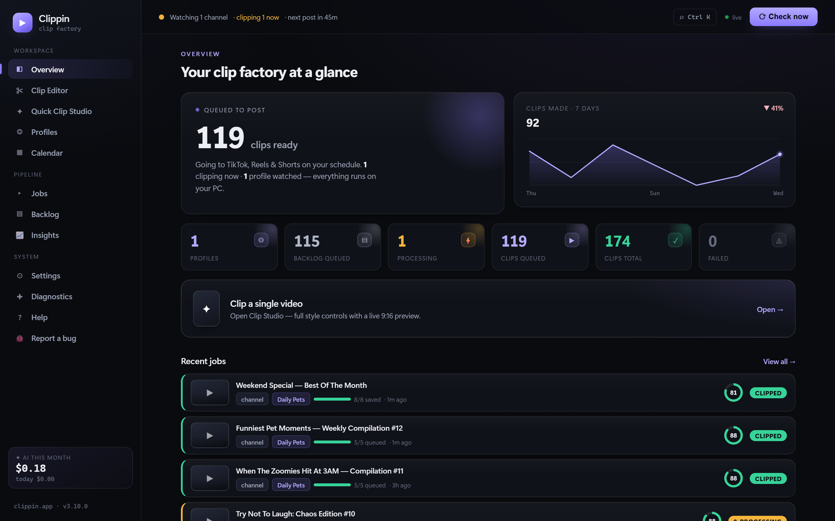 Clippin dashboard showing queued clips and completed jobs