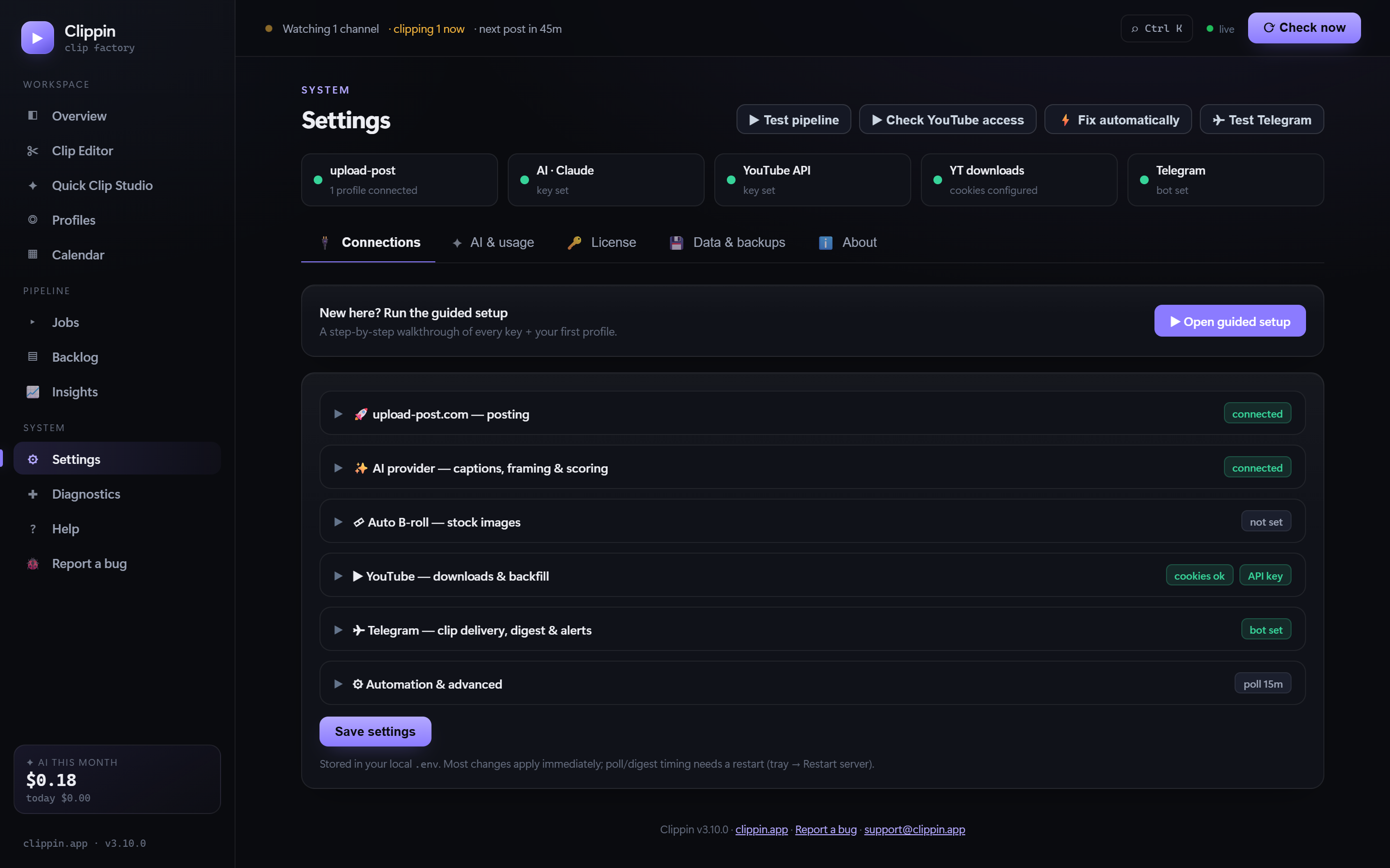 Clippin local settings dashboard with configured services
